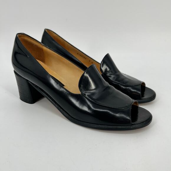 Vtg 90s Classiques Entier Peep Toe Pump Womens 9 N Black Leather Block Heel Shoe - Picture 1 of 10
